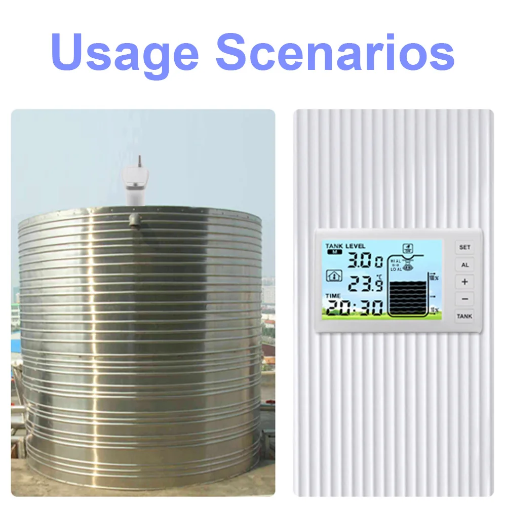 ไร้สายอัลตราโซนิกถังน้ำเครื่องวัดระดับของเหลวเซ็นเซอร์อุณหภูมิแสดงเวลาพร้อมนาฬิกาปลุกเครื่องวัดระดับน้ำ
