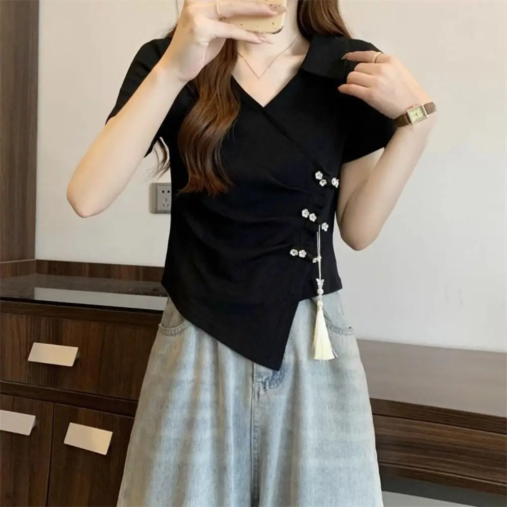 

Tassel Pendant Irregular V-neck T-shirt Flower Button Chinese Style Women's Slim Crop Tops Female Summer Tops Streetwear