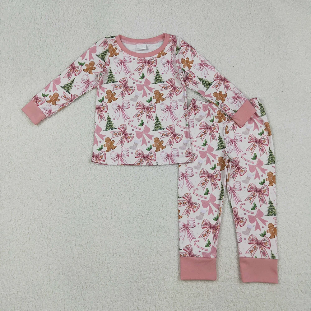 

Baby Girls Pink Christmas Pajamas Set Long Sleeve Top with Gingerbread Bow And Pants Cute Tree And Gingerbread Design