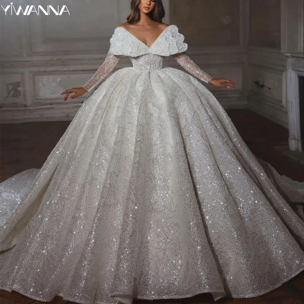 

Graceful Off The Shoulder Bridal Dress Sparkly Sequins Pearls Wedding Gown Luxury Ball Gown Long Bride Robe Vestido De Novia