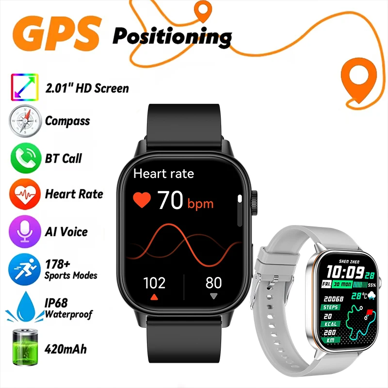 

Новый мужской GPS Smart 5.3, Bluetooth-вызов, 2,01-дюймовый HD-экран, мониторинг сердечного ритма и кислорода в крови, несколько спортивных режимов, часы