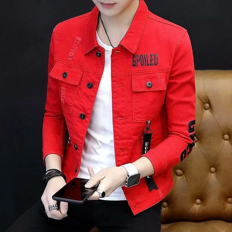 

Loose Men's Denim Jacket Autumn Winter Fashionable Korean Style Leather Jacket Slim Fit Cotton Material V-Neck Long Sleeve