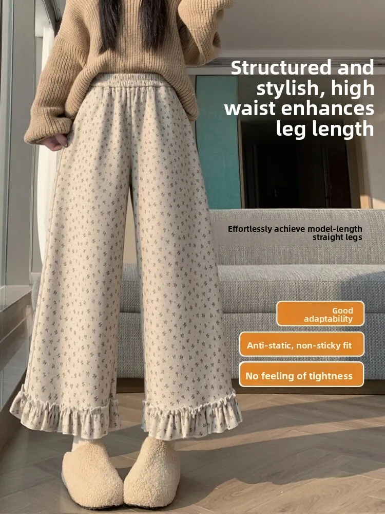 Thiened Fce Wide Leg Pants Women's Winter High Waist Elastic Waist Floral Print Casual Trousers Nine Points Pants