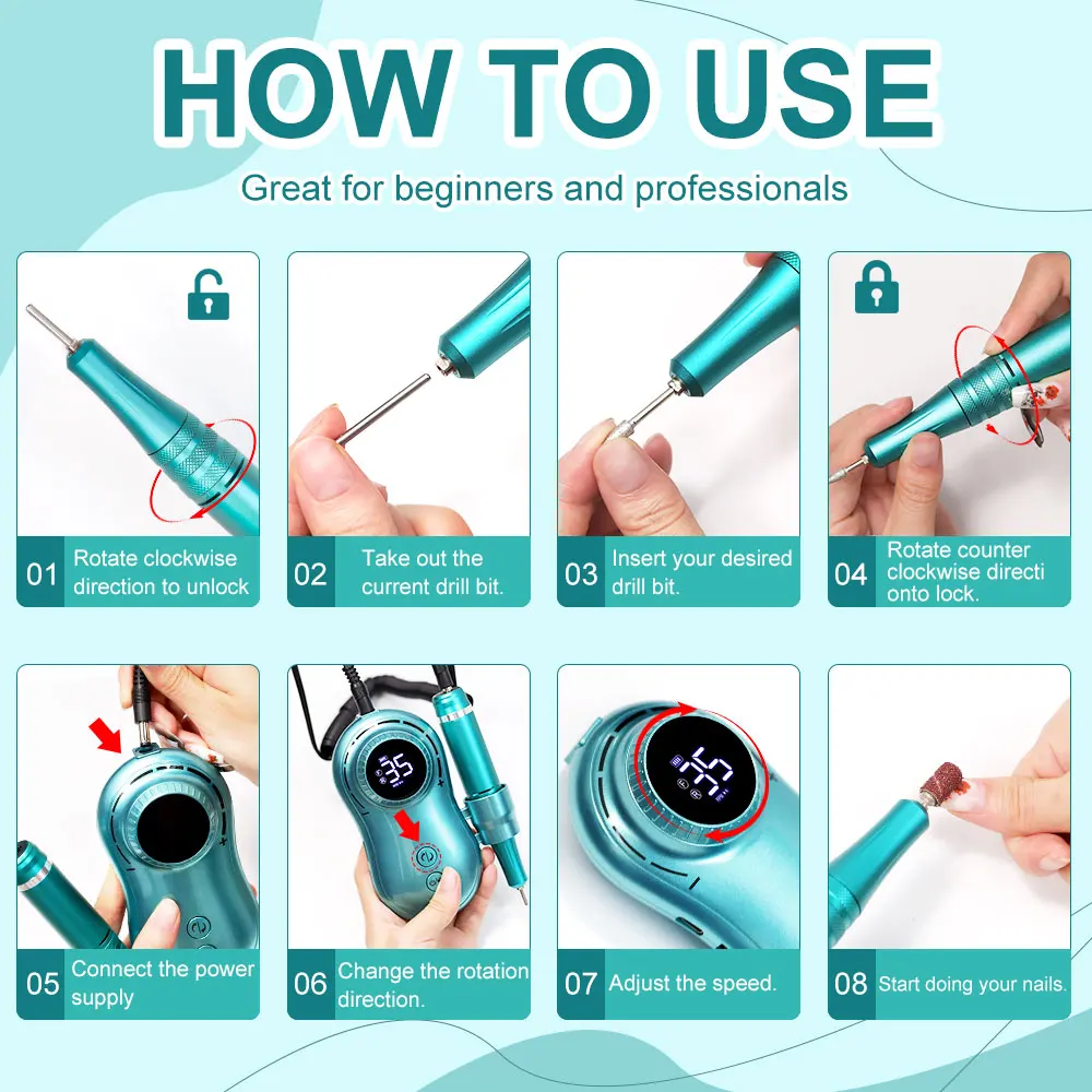 آلة حفر الأظافر مع شاشة LCD، مجموعة ملحقات أظافر احترافية منخفضة الضوضاء، معدات أظافر قابلة لإعادة الشحن