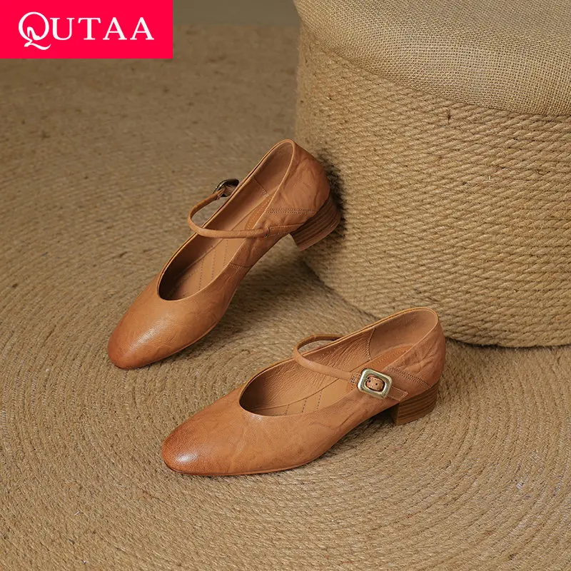 

QUTAA 2025 Fashion Mary Jane Women Pumps Shoes Square High Heels Vintage Spring Genuine Leather Summer Pointed Toe Shoes 34-43