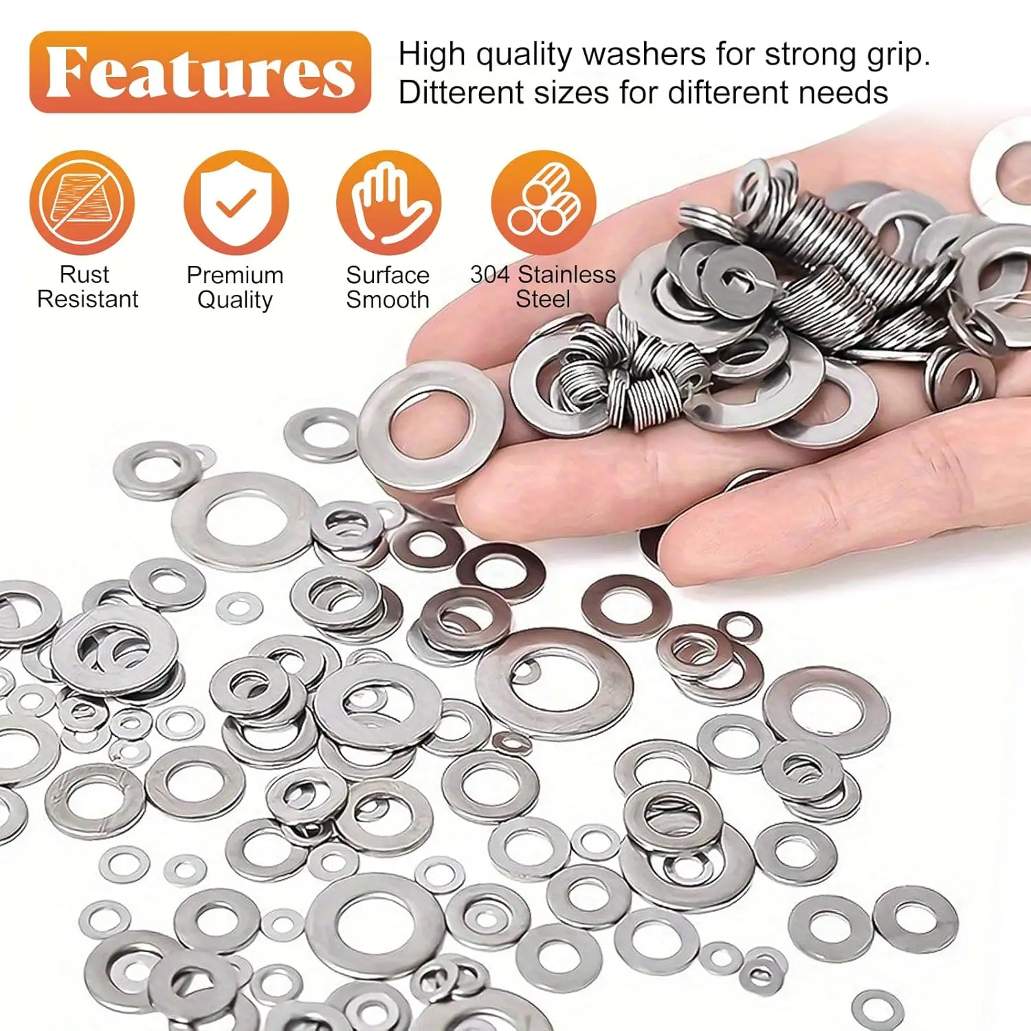 Picture 5: 580Pcs 304 Stainless Steel Flat Washers Assortment Kit, Locking & Sealing Washers 9 Sizes Metal Flat Washers for Screws Bolts,
