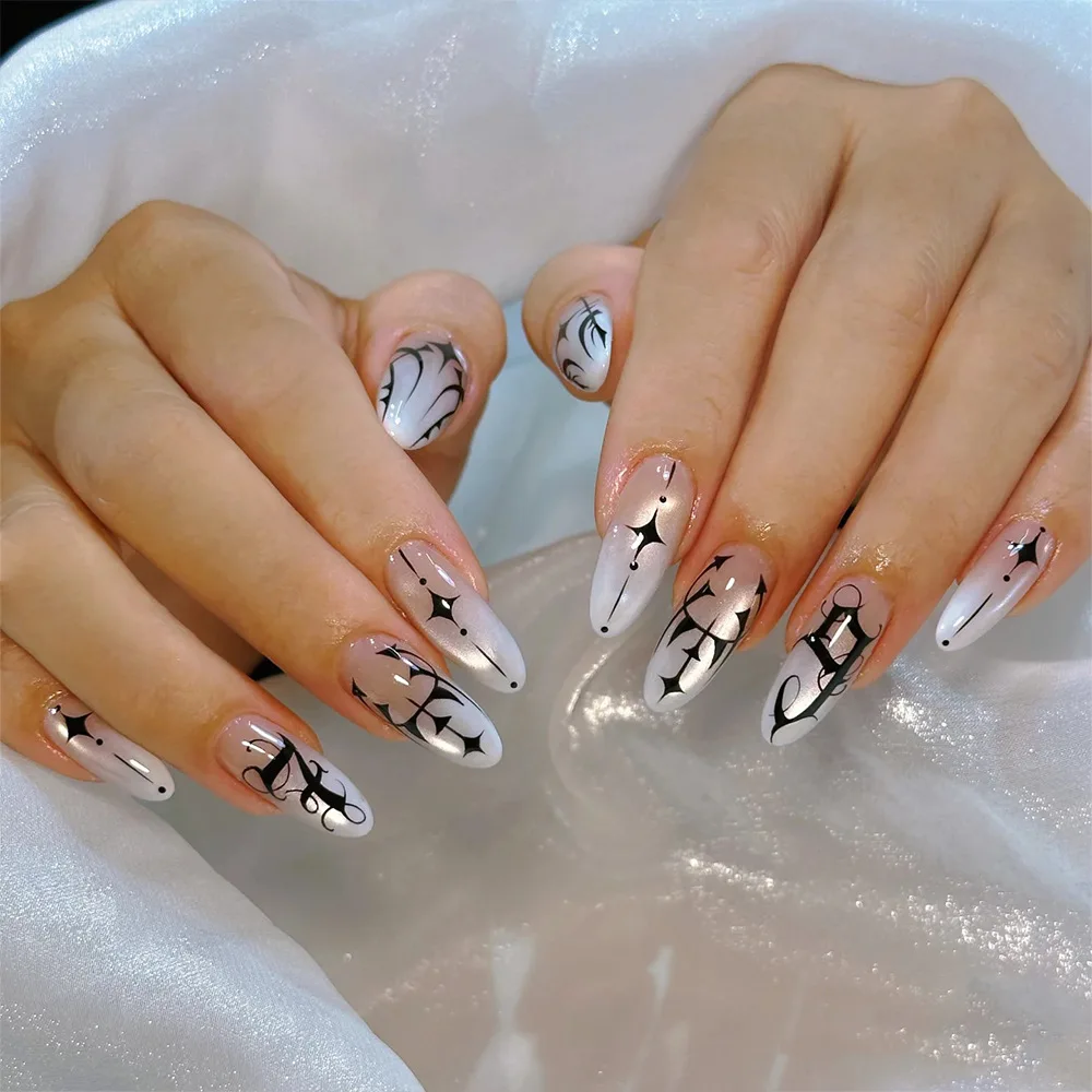 

24pcs Gothic Style Cat Eye Aurora Gradient Press-On Nails with Occult Symbols, Long Almond Shape, Assorted Sizes
