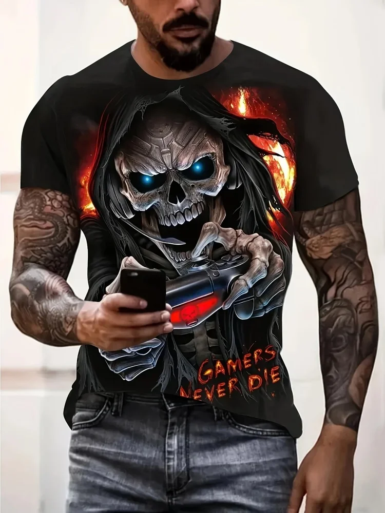 Gamers Never Die Grim Reaper Skull Controller Print Herren T-Shirt Gaming Gothic Casual Tee Trend Street Hip-Hop Herrenkleidung