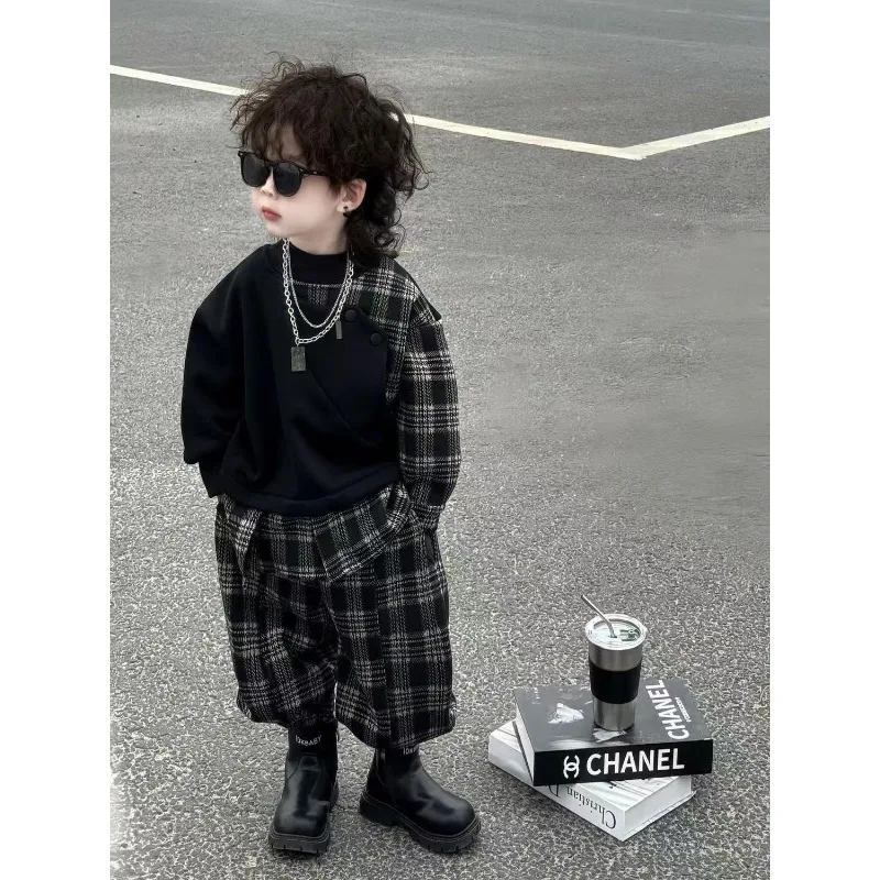 Boys 2-piece Set Spring and Autumn Splicing Plaid Sweater Pants Set 2025 New Children's Trendy Cool and Handsome Clothes