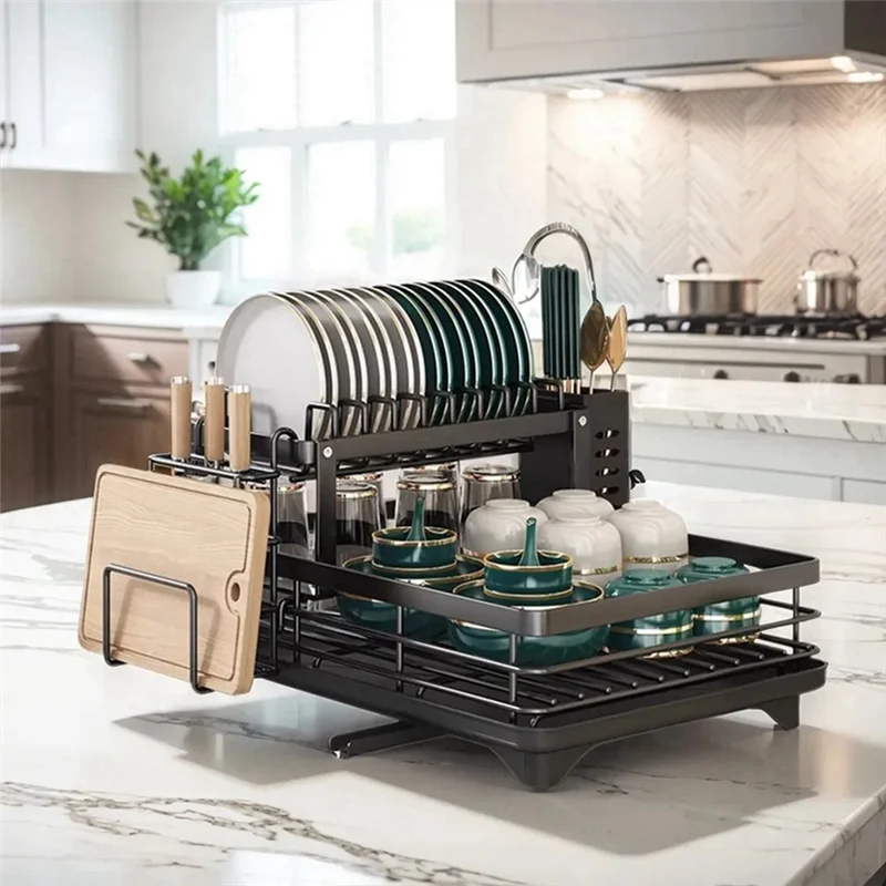 رف أطباق من الفولاذ الكربوني HGHO مع لوح تصريف، منظم حوض، رف مصفاة الأطباق لتخزين طاولة المطبخ