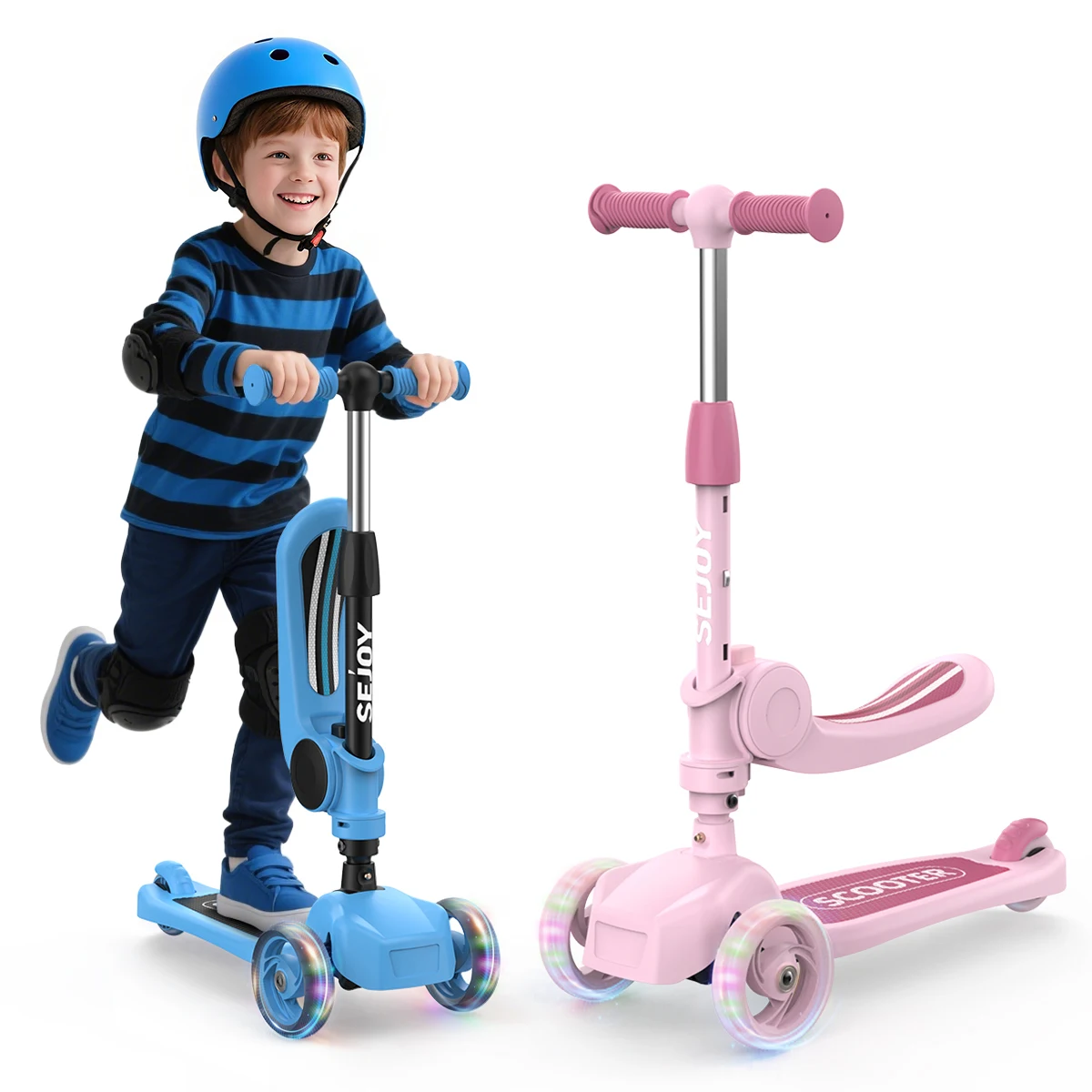 

Детский самокат Sejoy с 3 колесами, регулируемым рулем для управления наклоном, складным сиденьем – для езды сидя или стоя, с тормозом