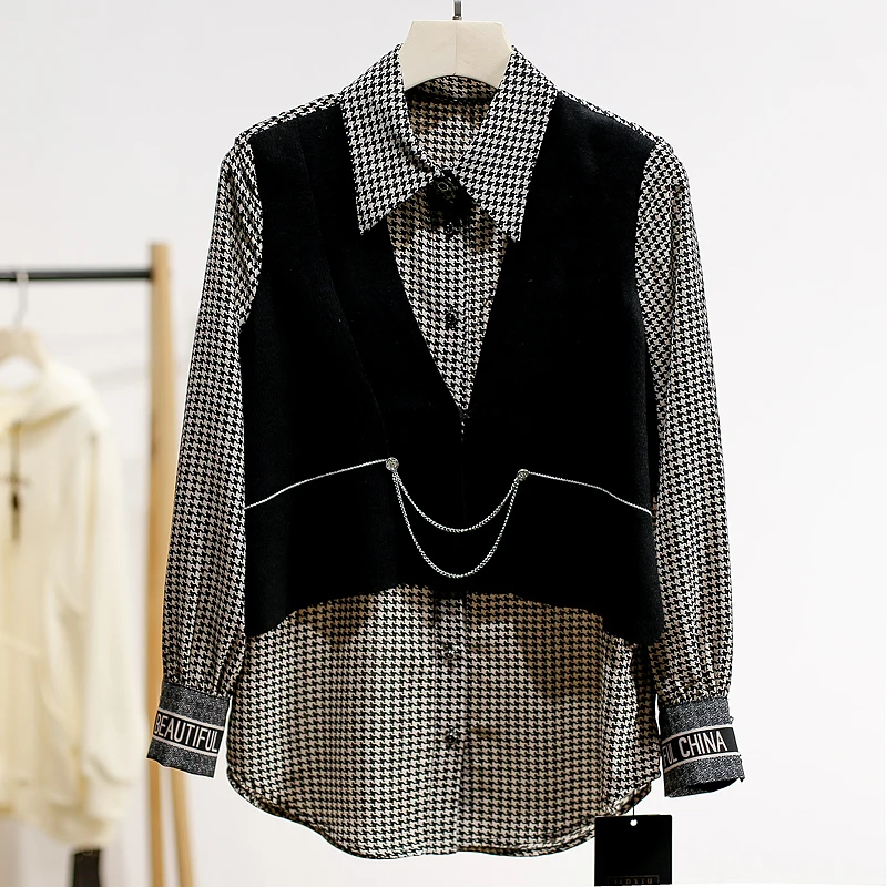 

Spring New Women's Shirt Xking Knitted Patchwork Slimming Apperance Long Sleeve Square Collar Polyester Fiber 100%