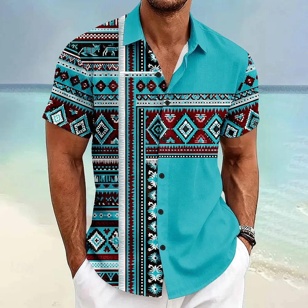 2026 New Men Bohemian Ethnic Geometric Patchwork Short Sleeve Beach Vacation Shirts