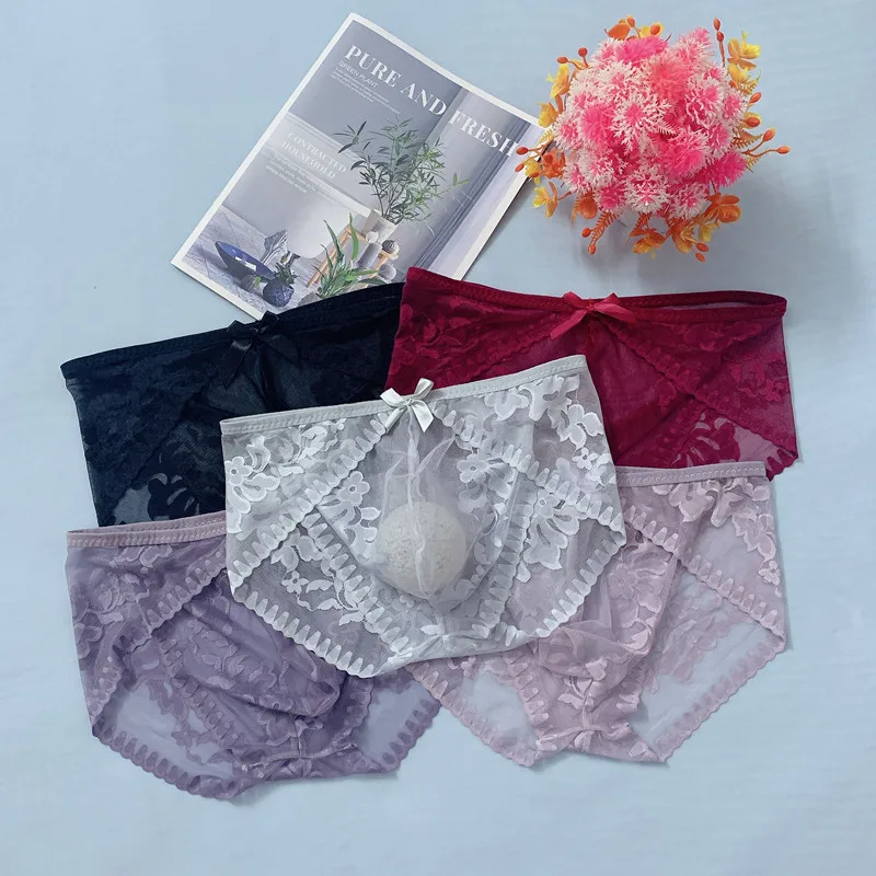 Men's Lace Briefs Ultra-Thin Seamless Transparent Underwear Large Size U Convex Sissy Panties Floral See Through Lingerie - Image 6