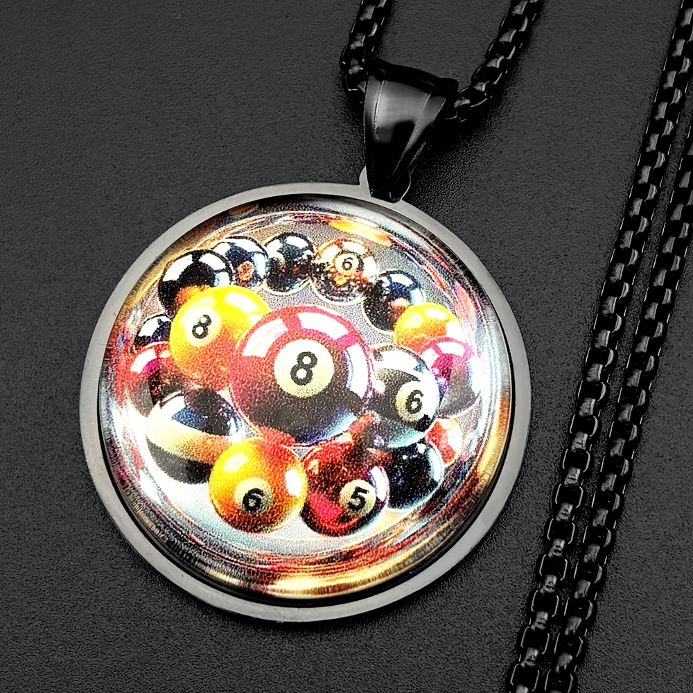 Hiphop Black 8 Billiards Kette für Damen und Herren, Edelstahl, Glas, Sportthema, Retro, Street Party, Halskette, Schmuck, Geschenke – Detail 6