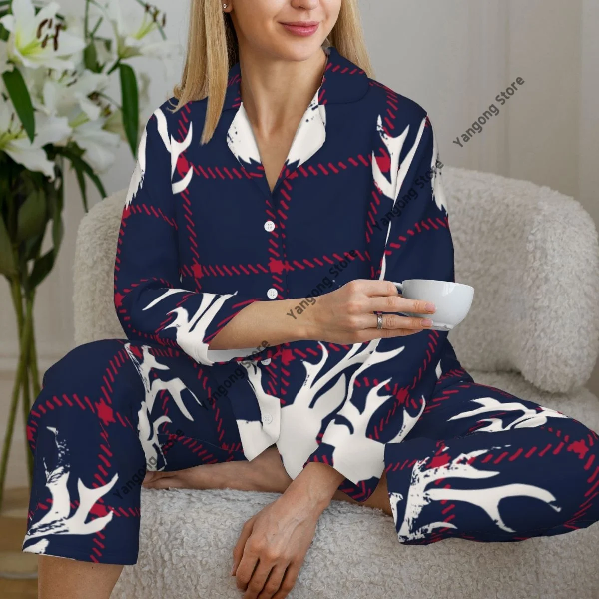 Women's Pajamas Long-sleeved Girl Loungewear Two-piece Set White Deer Head Checkered Plaid Background Pajamas for Autumn Spring