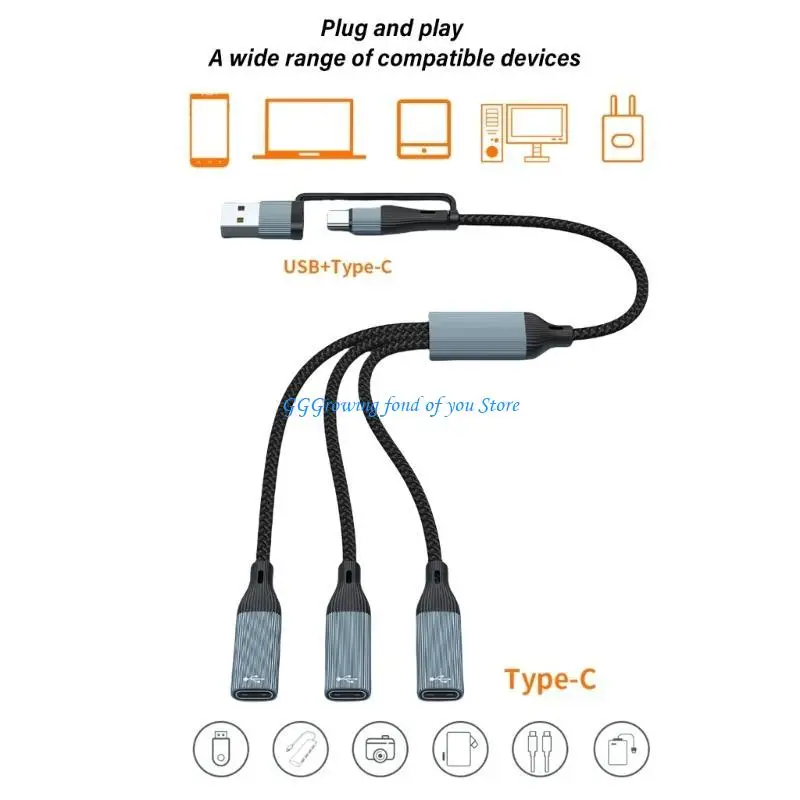

H9EB USB/Type C 1 Male to 2/3 Female Extension Cord Connectors Data&Charging Adapter