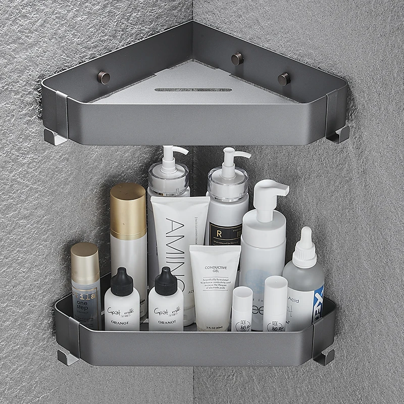 Black Corner Shelf Bathroom Storage Shelves Stainless Steel Triangle Towel Storage Wall-Free Punching Chrome Shower Rack