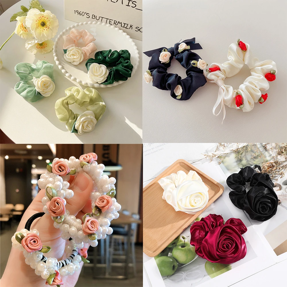 AWAYTR Korean Women Rose Elastic Hair Bands Hair Scrunchies Big Flower Satin Hair Rope Charms Horsetail Rubber Hair Accessories