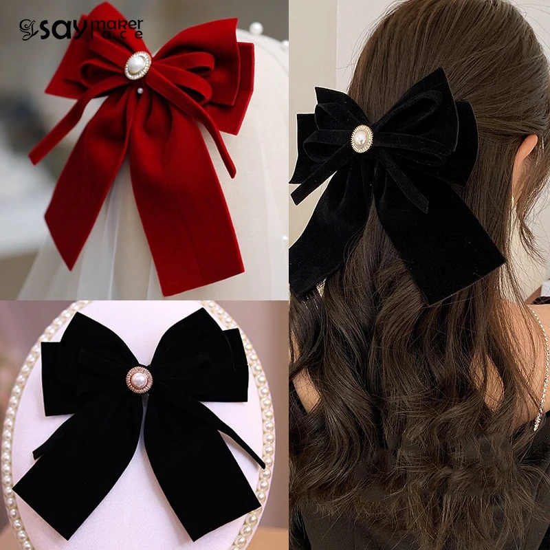 New Black Red Velvet Bow Hair Pins Elegant Fabric Alloy Roses Hair Clips For Women Fashion Ponytail Barrette Heawear Accessories