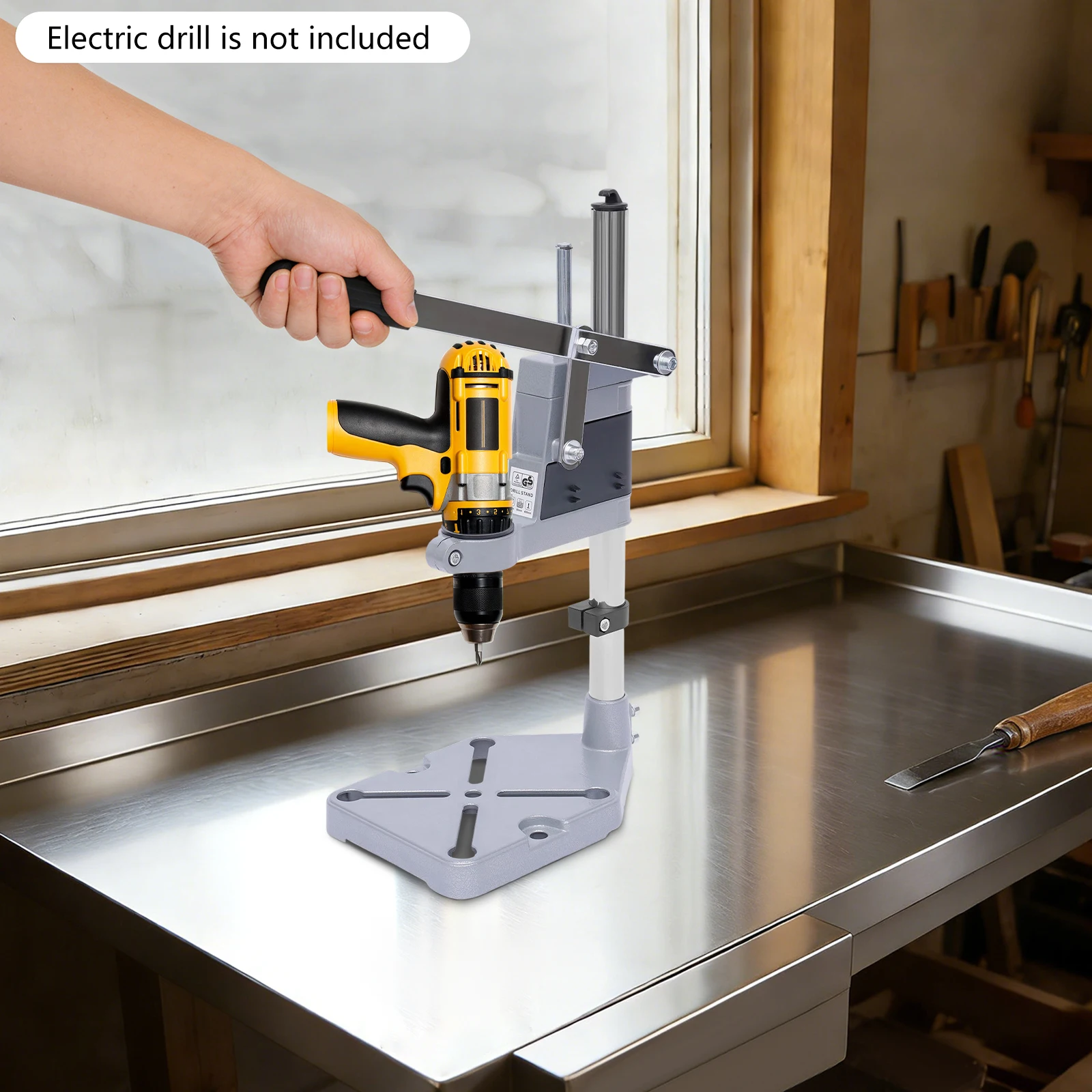 Electric Drill Press Stand, Heavy Duty Aluminum Alloy Bench Mount Drill Holder with Stroke Scale, Ergonomic Long Handle, Clamping Diameter 38-42mm, for Accurate Drilling & Fatigue Reduction, Workshop Tool Accessory