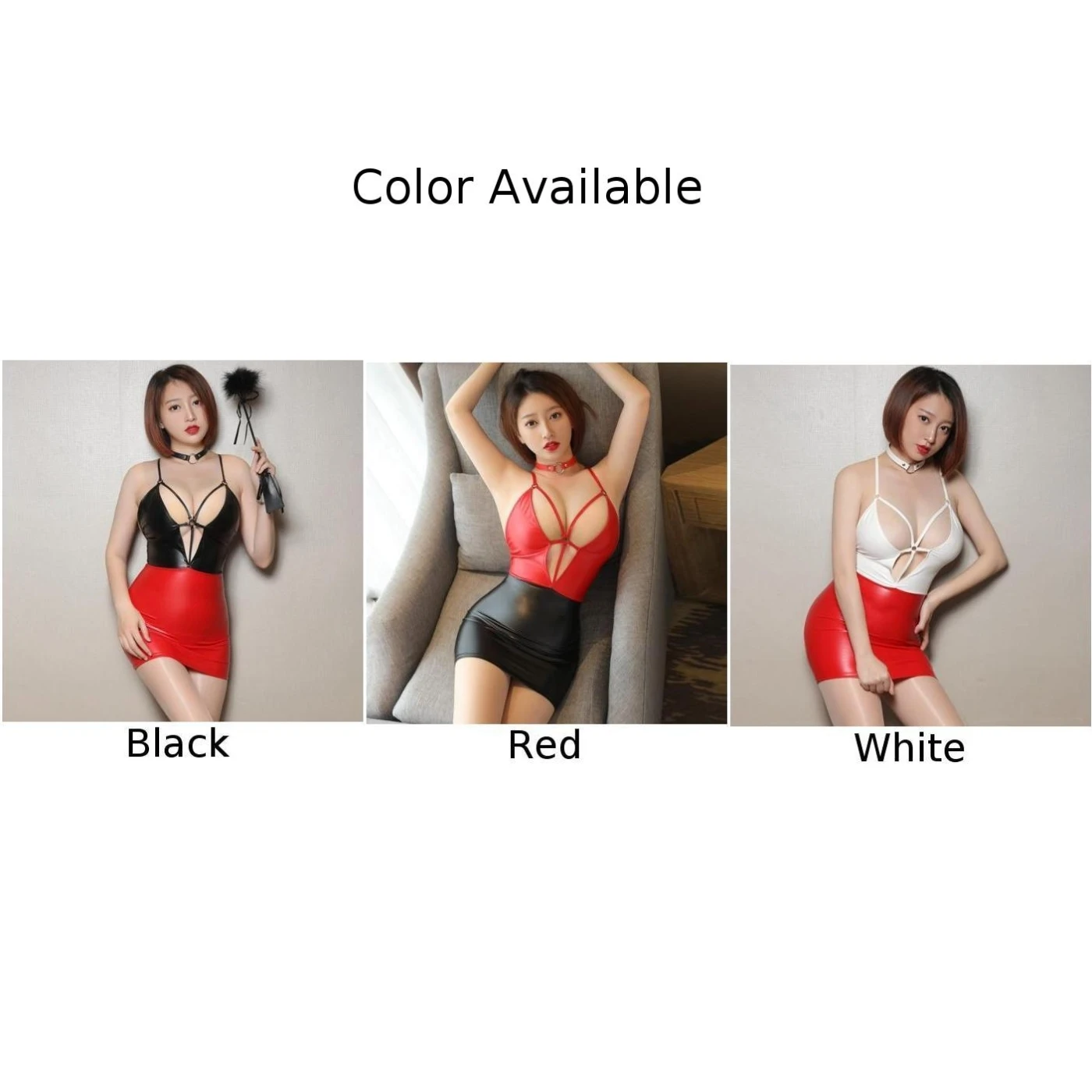 Patchwork PU Leather Bodycon Hot Dress Sexy Open Bra Party Deep V Wet Look Night Clubwear Sleeveless See Through Minskirt A50