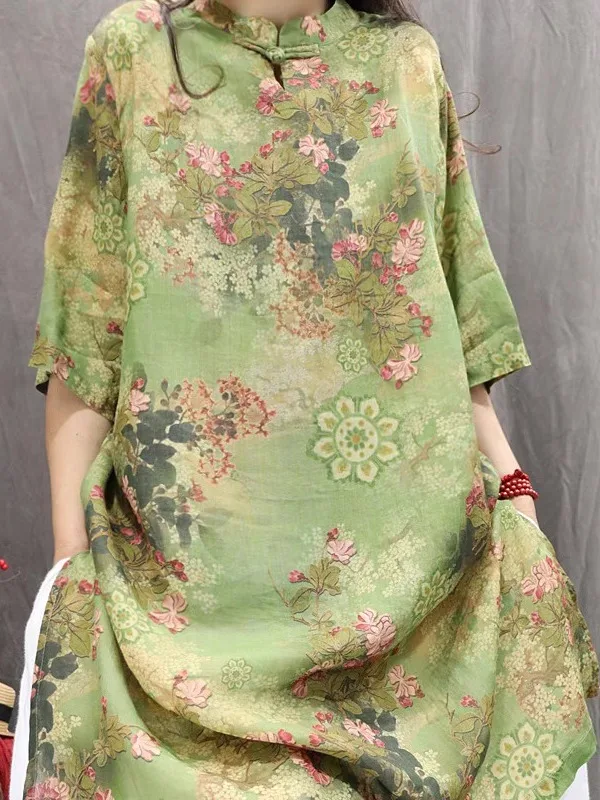 2025年レトロサマー ルーズフィット リネンシャツ プリント入り 軽量 通気性 ミディ丈トップス アシンメトリーヘムライン レディース ビジネスカジュアルシャツ