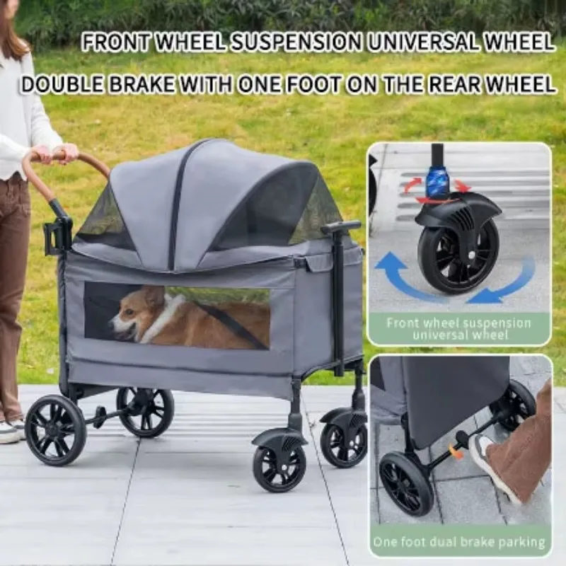 Factory Customized Can Push and Pull Outdoor Travel Dogs Strolley Foldable Breathable Pet Stroller With Adjustable Canopy