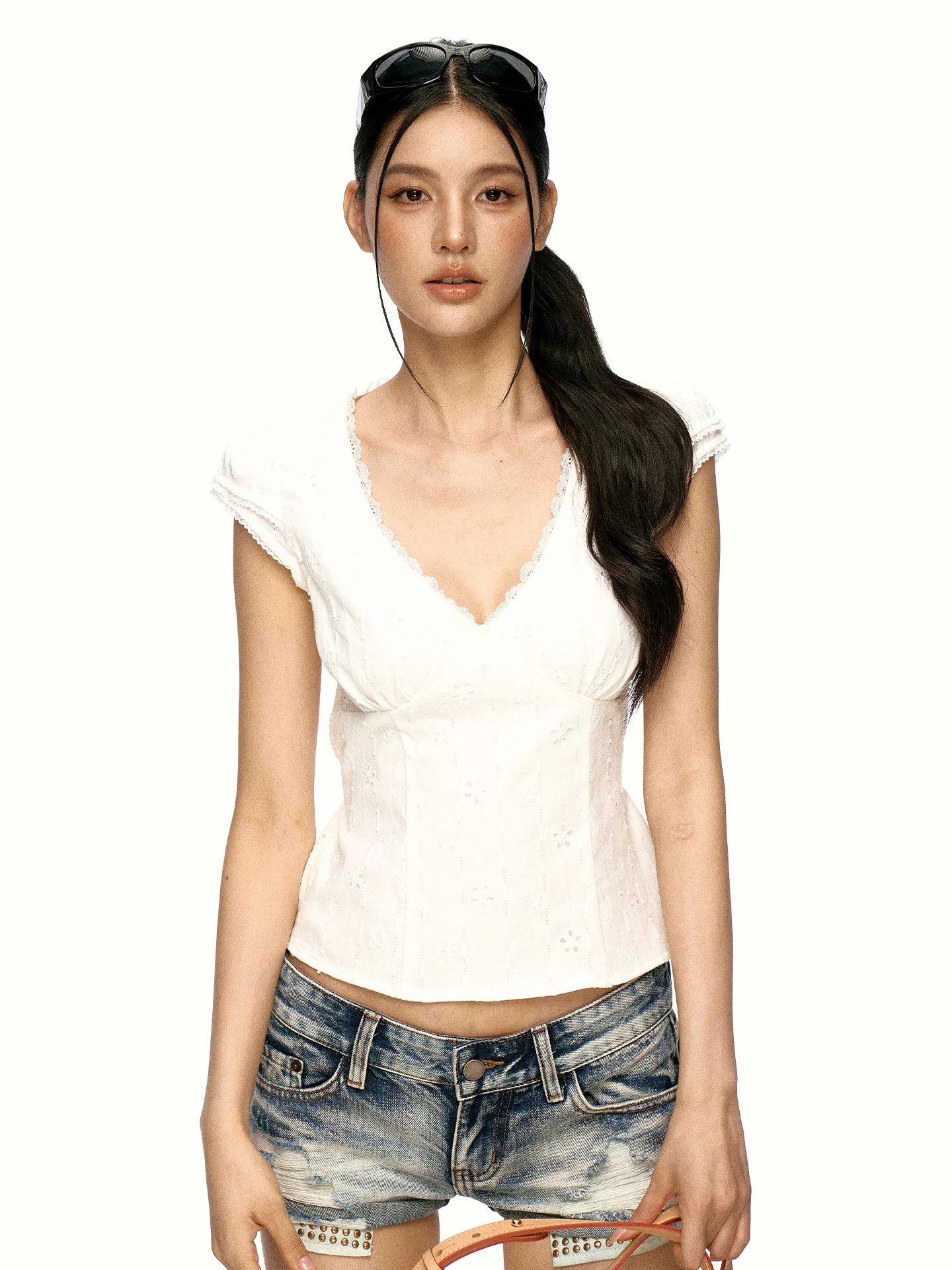 

Aaisup White Lace Splice V-Neck Short Sleeve Women's Shirt Summer Slimming Waist Belt Design Casual Style Short Top