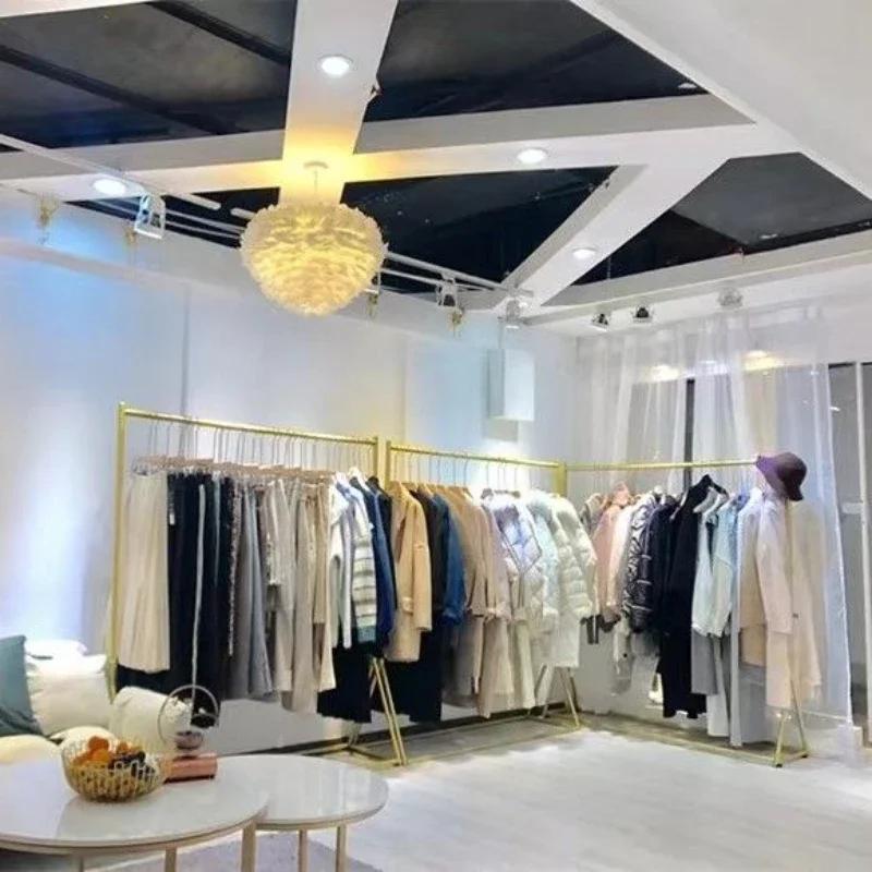 Gold Wrought Iron Floor-Mounted Clothing Display Racks for Men's & Women's Clothes Hangers Live Room Store Setup