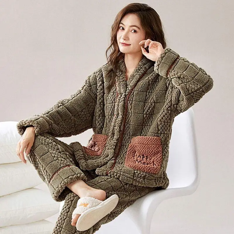 

Женские пижамы из кораллового флиса, новая зимняя модель, утепленная флисовая подкладка, удобная одежда для сна, осенне-зимний хлопковый теплый костюм