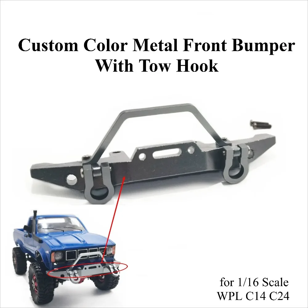 Custom Color Metal Front Bumper With Tow Hook Protective Upgrade Parts for 1/16 Scale WPL C14 C24 RC Car Replacement Accessories