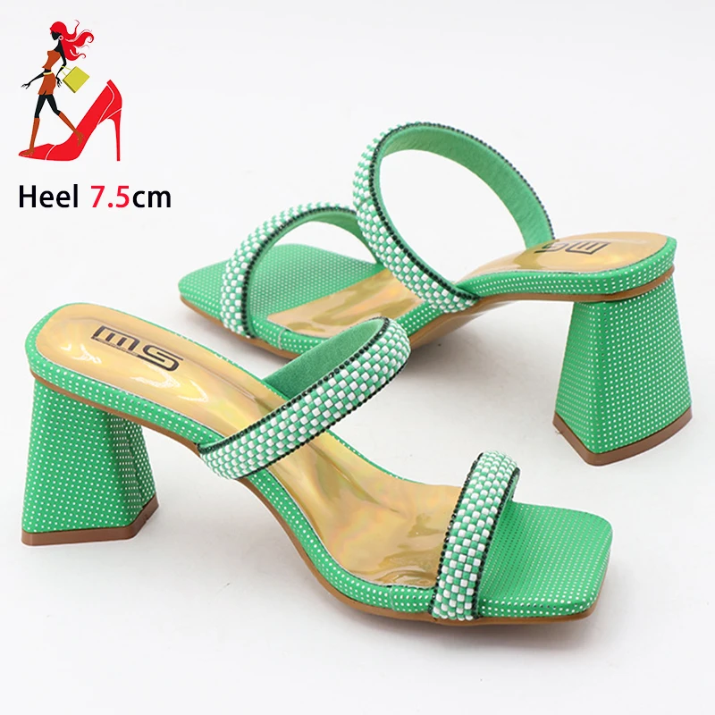 Square Toe Slippers For Lady Double One Word Band Sandals 2025 New 7.5CM Block Heels Summer Fashion Women Slip-on Shoes Size 42