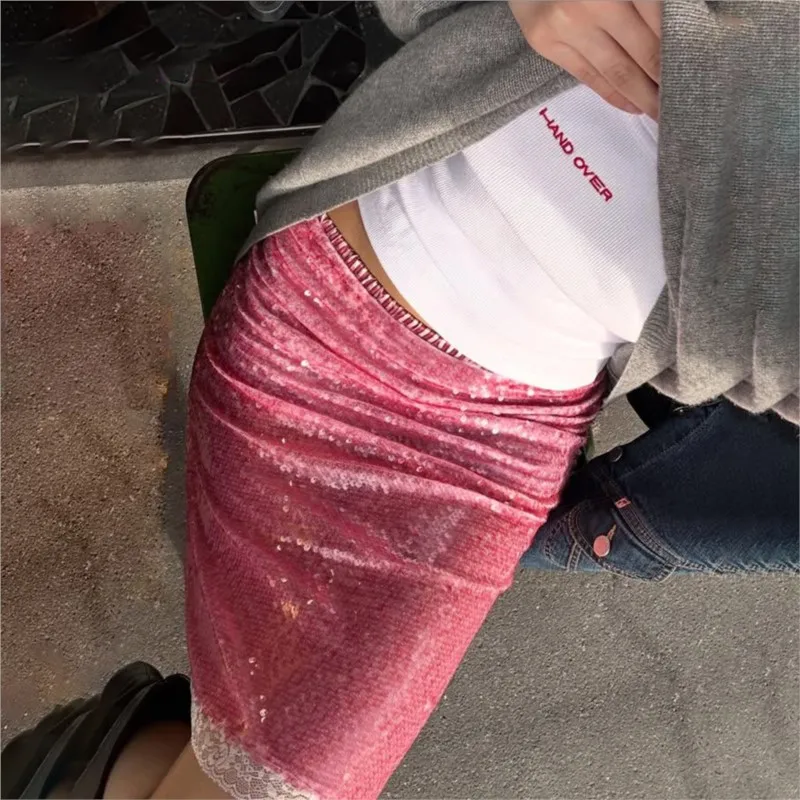 

2025 New Women's Sexy Sequin High Waist Bodycon Mini Skirt Clubwear Sparkle Shimmer See-through Party Skirt Slim Fit Pink