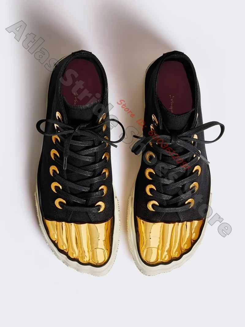 Canvas Gold Metallic Toe Cap High Top Sneakers Gold Metal Eyelets Vintage Contrast Stitch Casual Trainers Luxury Daily Shoes