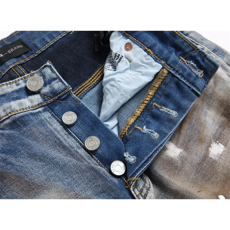 Y2K jeans personalized fashion street holes paint retro blue heavy craft Slim micro-stretch small straight men's jeans