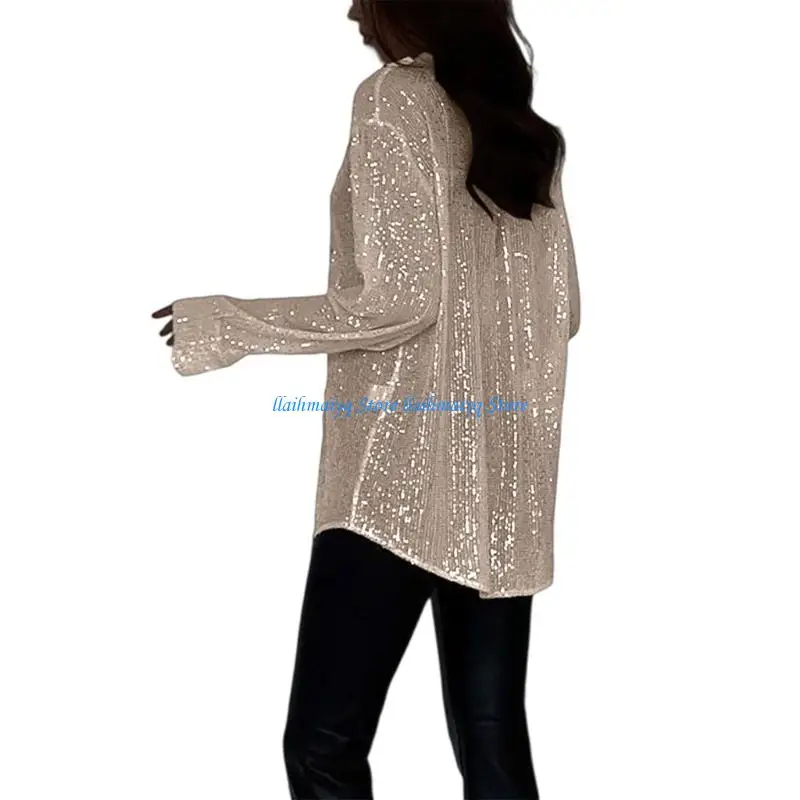 

573B Elegant Women Long Sleeve Blouse Sparkly Sequins Button Front Loose Fit Shirt