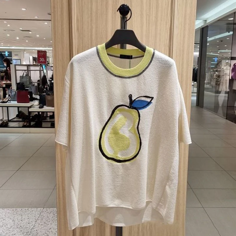 

plus Size Women's T-Shirt Fruit Pattern Short Sleeve Loose Fit Summer Korean Style Hide Belly Effect Pear Shaped Body Top