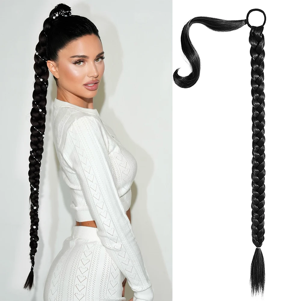 

30"Long Braided Ponytail Extension with Hair Tie Straight Wrap Around Hair Extensions Ponytail Natural Soft Synthetic Hair Piece