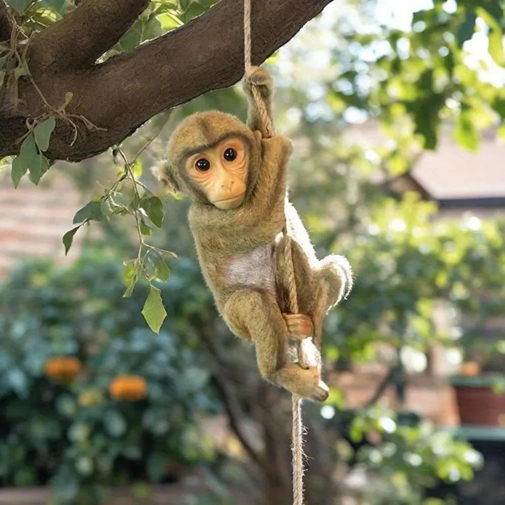 Resin Hanging Monkey Statue Jute Rope Included Weather-Resistant Garden Monkey Statue Beige Lifelike Design Tree Hanging Decor