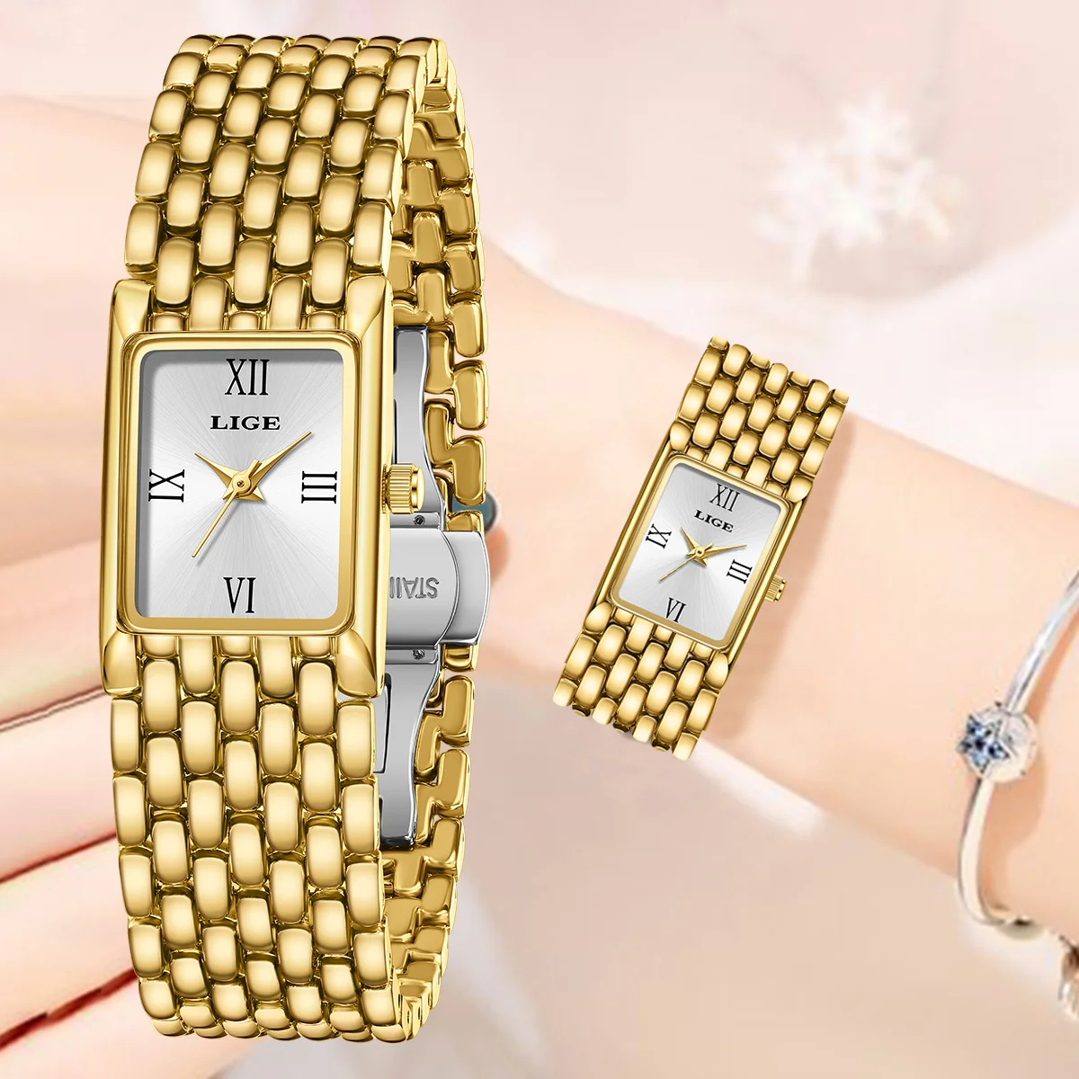 

LIGE New Elegant Ladies Watches Small Square Quartz Wristwatches Luxury Gold Stainless Steel Women Watch Casual Fashion Watches
