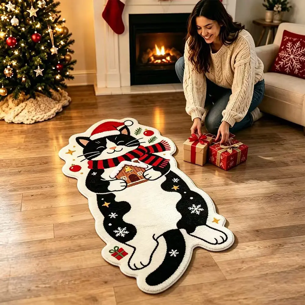 VIKAMA Black White Cat Santa Hat Scarf Cabin Door Mat, Non Slip Absorbent Cute Kitty Snowflake Welcome Floor Mat Entryway