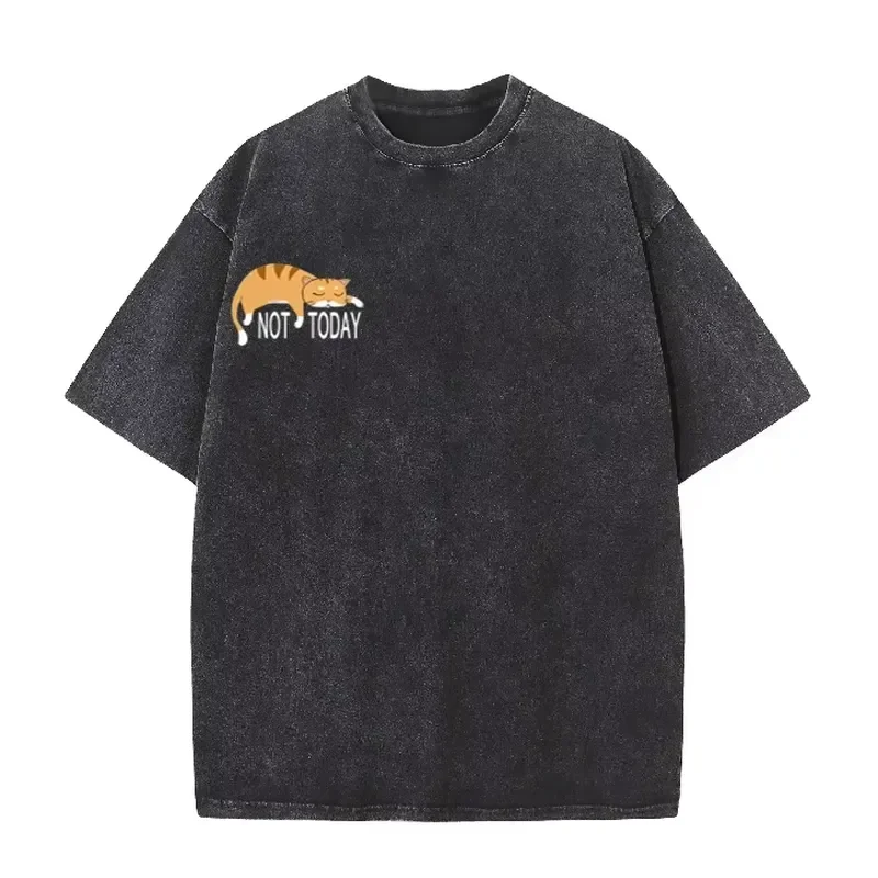 2026 Vintage washed t-shirt featuring a playful lazy cat print with sleeping feline graphic design, oversized relaxed fit,