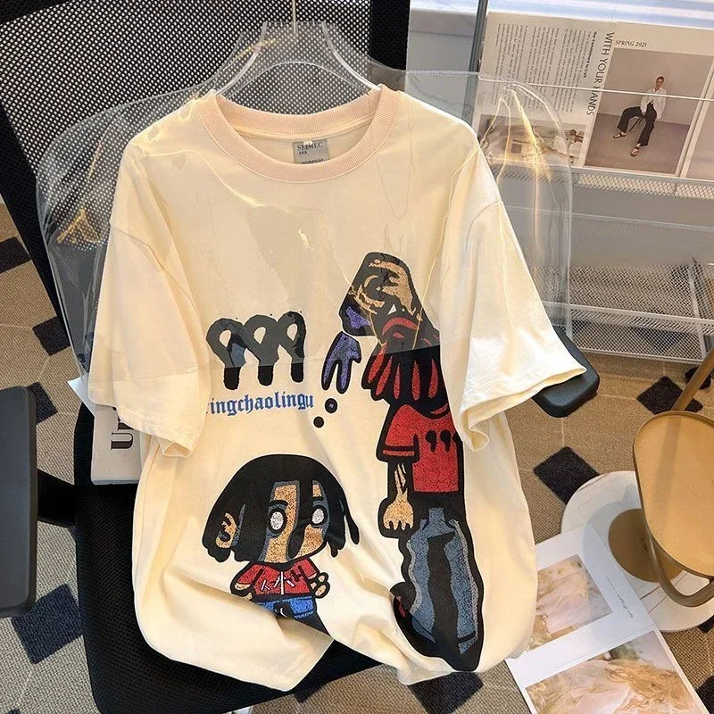 

European and American Street Retro Cartoon Short Sleeved T-shirt Unisex Oversize Summer Loose Casual Couple Clothing Top Ins