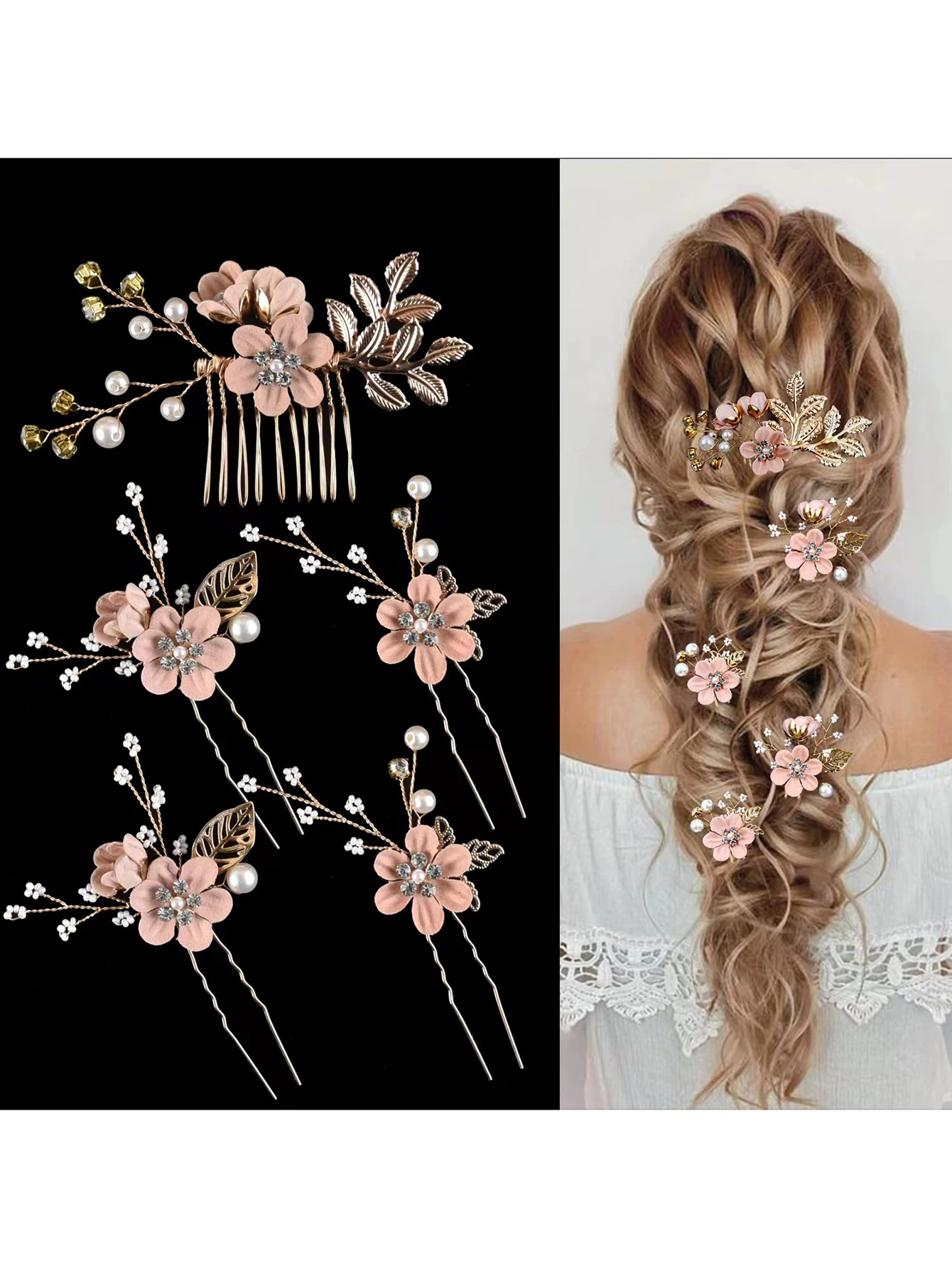 5-Piece Set of Korean-Style Handmade Fabric Flower and Pearl Branch Hairpin Combination, Vintage Golden Leaf Bridal Styling Accessories, Evening Dress Hair Accessories