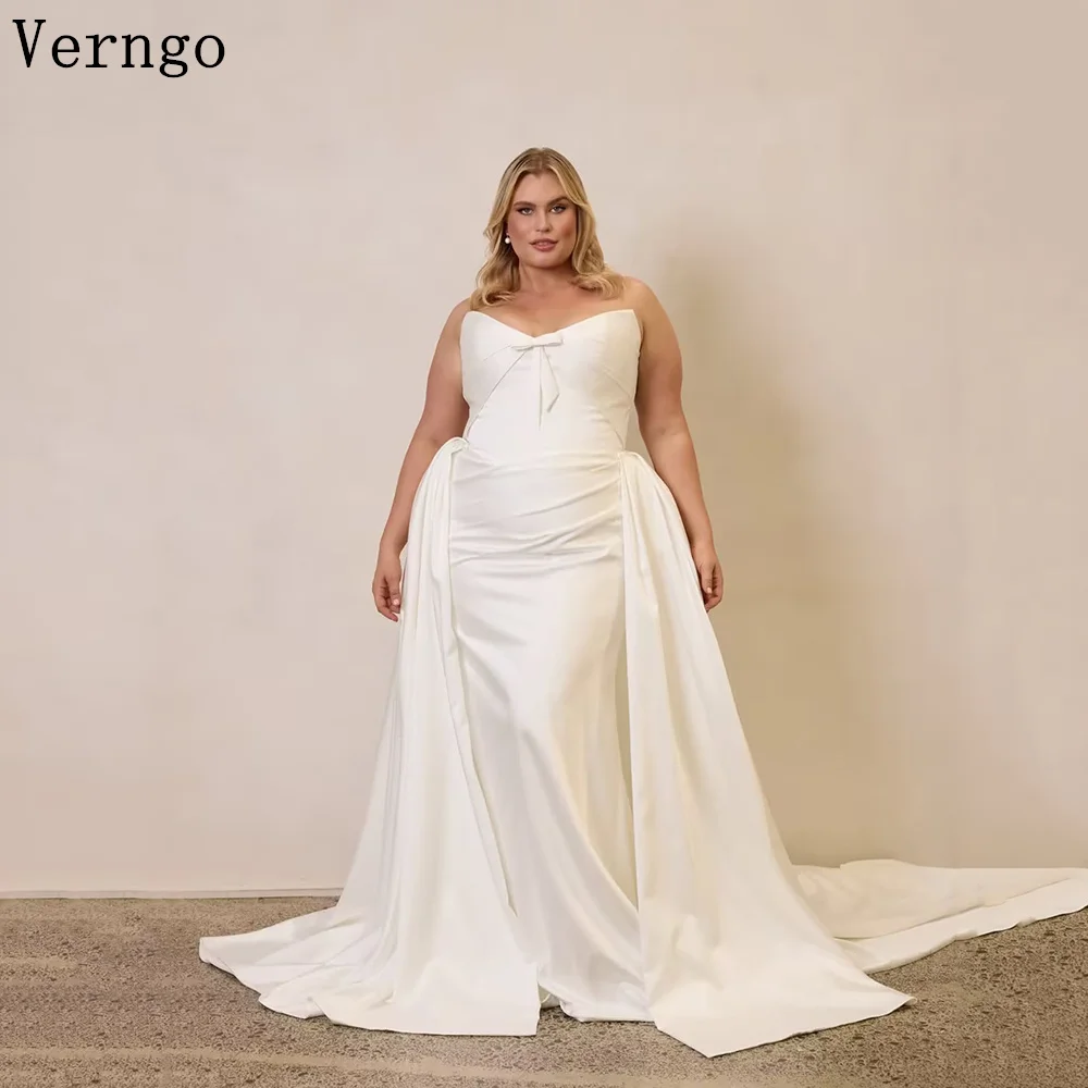 Verngo Plus Size Satin Wedding Dress Sweetheart A Line Pleated Detachable Train Sweep Bride Dress Large Bridal Gown Customized