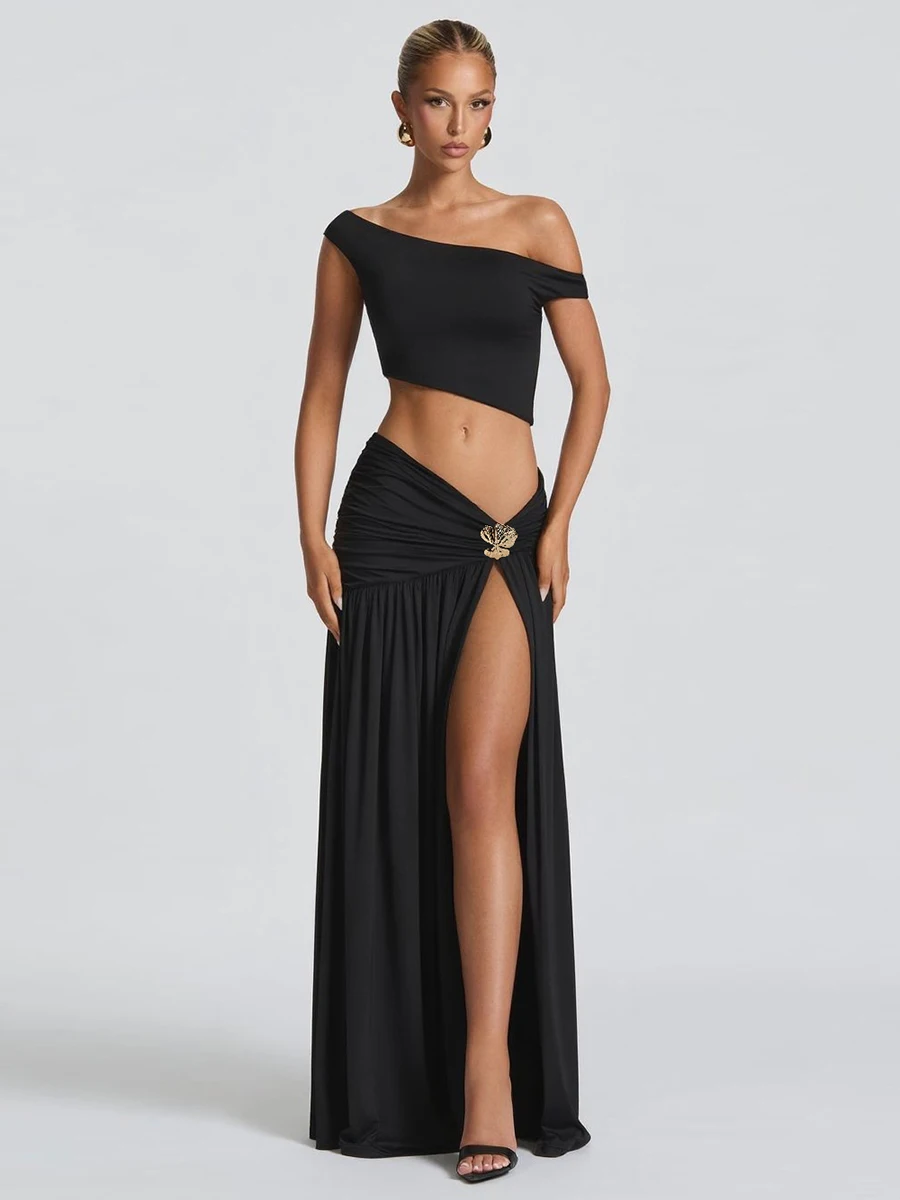 Nibber Summer Party Elegante Chic Donna Set da 2 pezzi Y2K Colletto obliquo Crop Top + Fibbia in metallo pieghettato Maxi Gonne Midnight Clubwear
