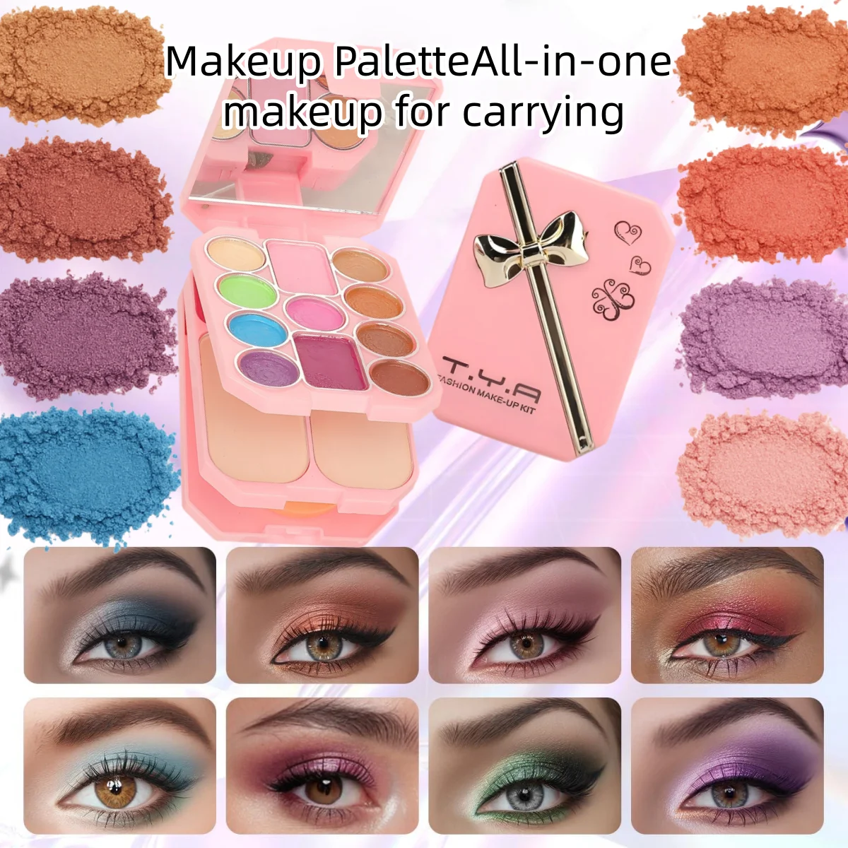 18-Farben-Komplett-Multifunktions-Make-up-Set, perlmuttartiger, mattierter Lidschatten + Rouge + Lippenstift + Puder + Make-up-Pinsel + Puff + Spiegel, unverzichtbare Make-up-Palette für den täglichen Gebrauch, Farben: Lila, Gold, perfektes Geschenk für Frauen