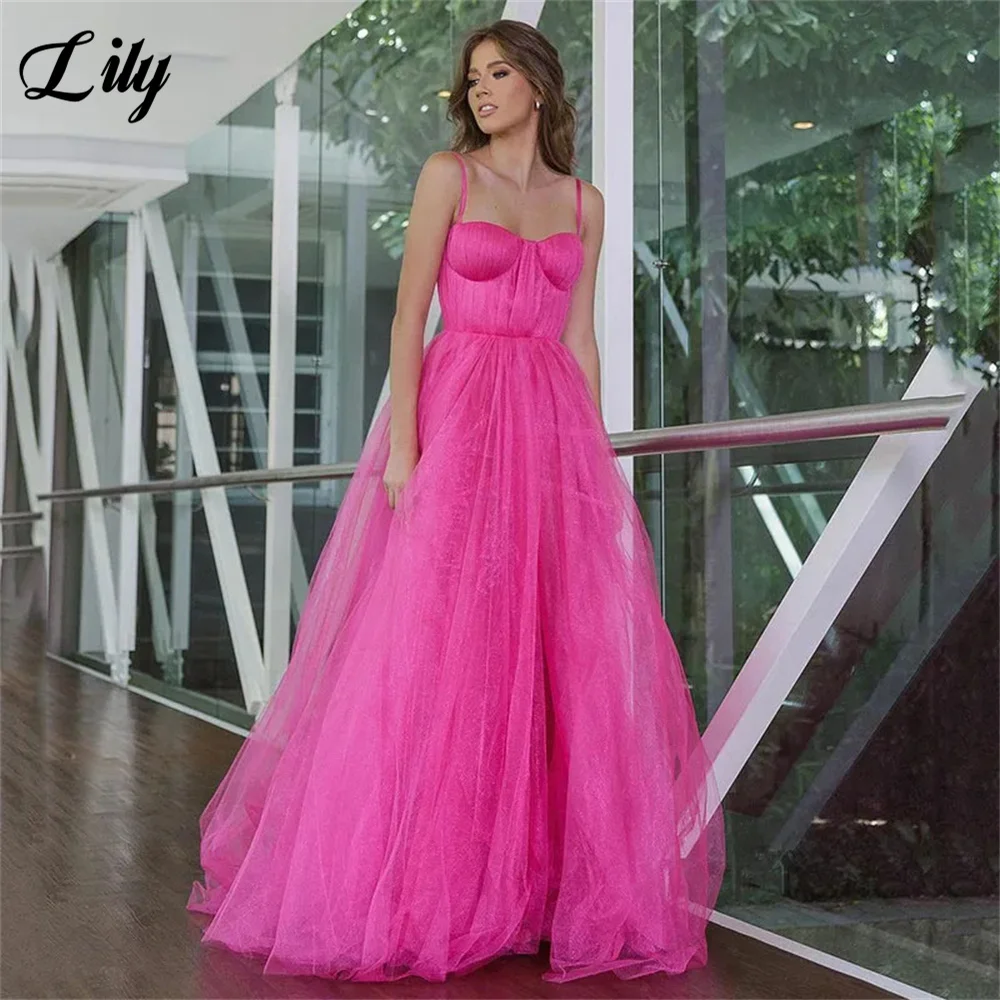 

Lily Fuchsia Sweetheart Chic Woman Evening Dress Gown Spaghetti Strap Ball Gown Net A Line Night Dresses Gown 프롬 드레스 Customized