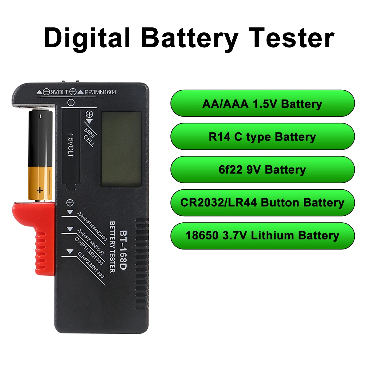 Digital Battery Volt Tester,Universal Digital LCD AA/AAA/C/D/9V/1.5V Button Cell Battery Volt Tester BT-168D Electric Test